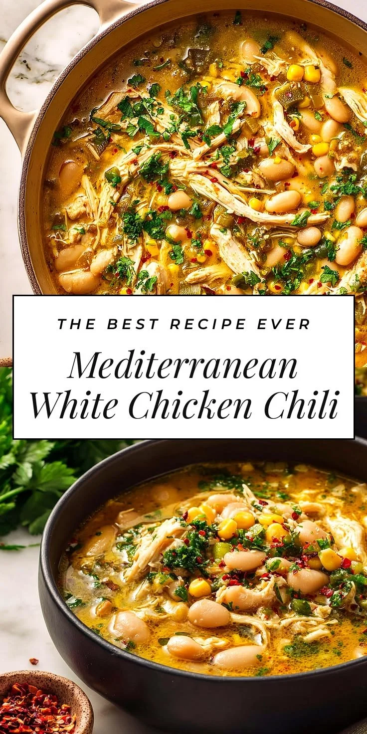 Bowl of Mediterranean chicken chili topped with fresh herbs and spices