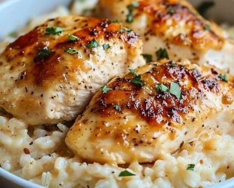 No Peek Chicken Casserole dish fresh from the oven with a golden crust.