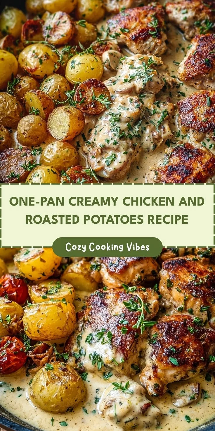 One-Pan Creamy Chicken with Roasted Potatoes served on a plate
