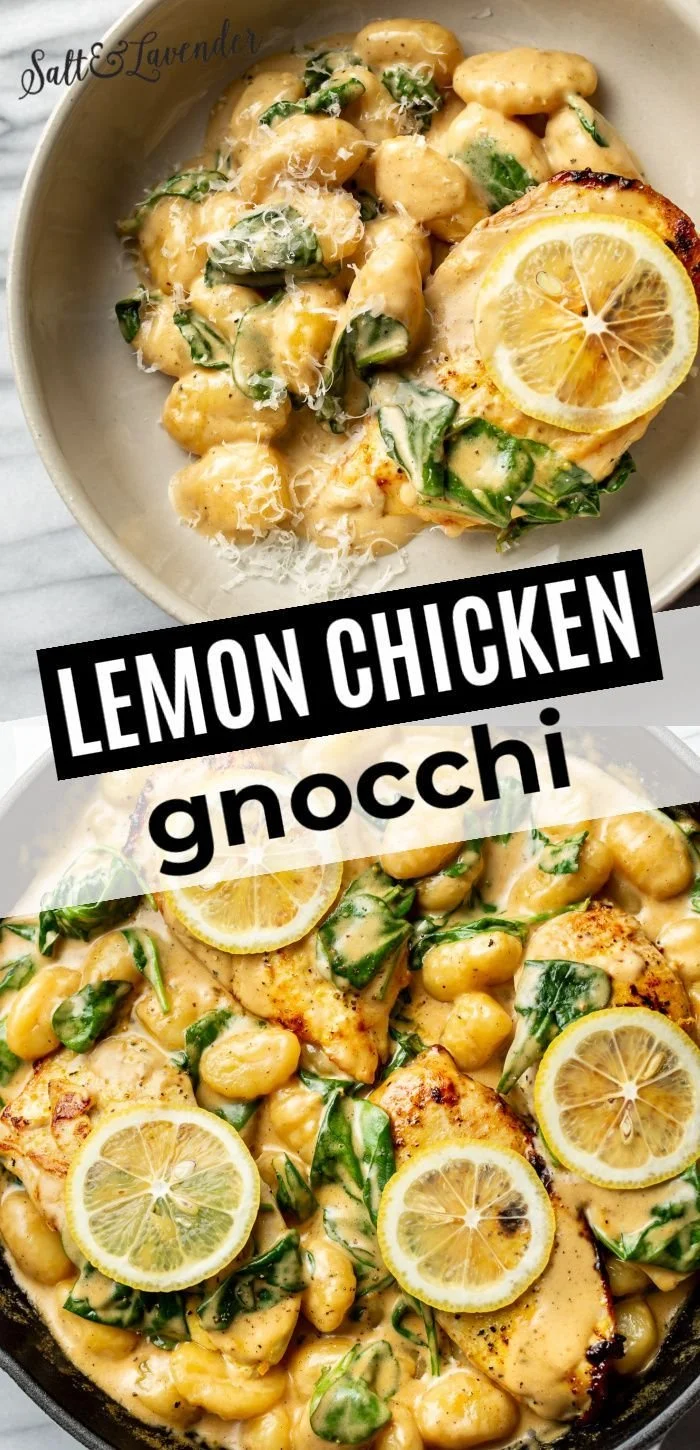 Delicious one pan lemon chicken gnocchi served on a white plate with herbs.