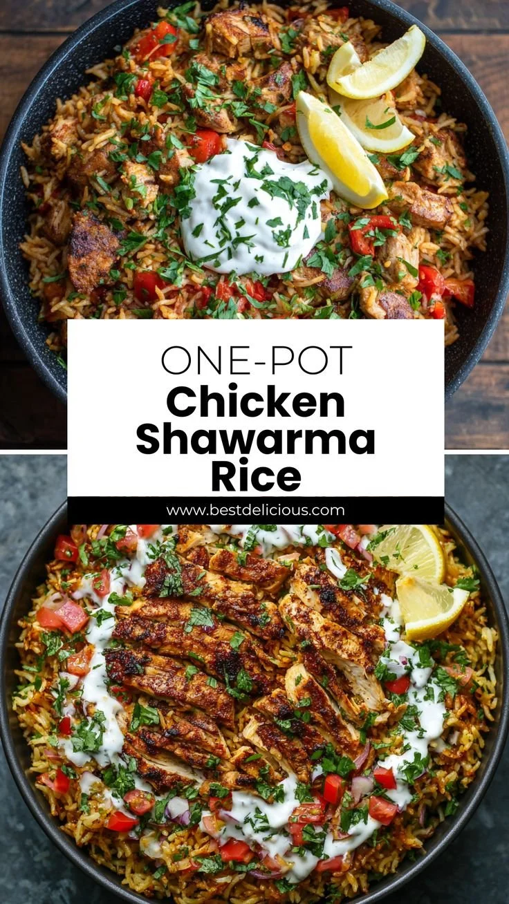 One pot chicken shawarma rice dish garnished with fresh herbs and spices
