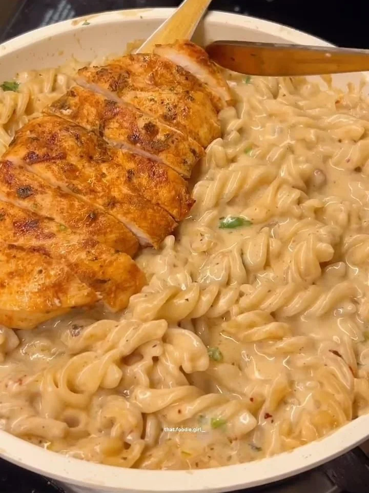 One Pot Garlic Parmesan Chicken Pasta with creamy sauce and chicken pieces