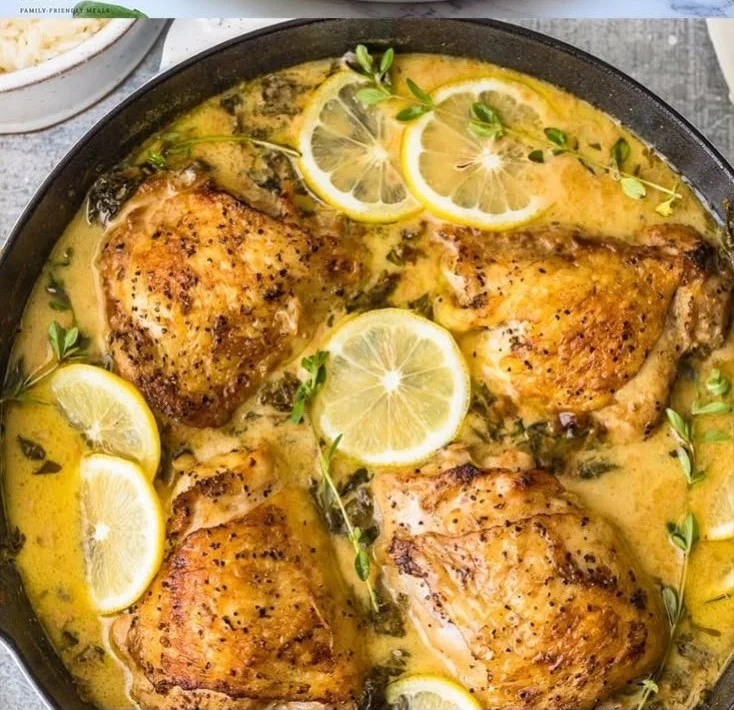 Delicious one pot lemon garlic chicken thighs garnished with herbs on a plate