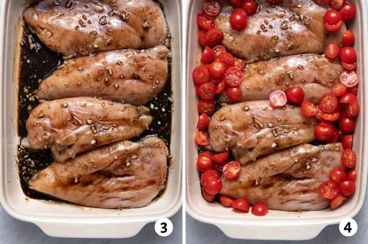 Oven baked balsamic chicken served on a plate with fresh herbs and vegetables