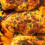 Delicious oven baked chicken breast garnished with herbs