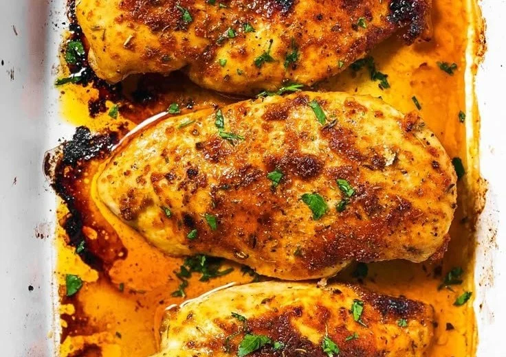 Delicious oven baked chicken breast garnished with herbs