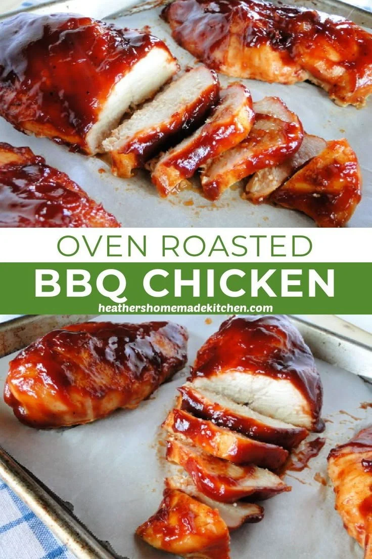 Delicious oven roasted BBQ chicken garnished with herbs.