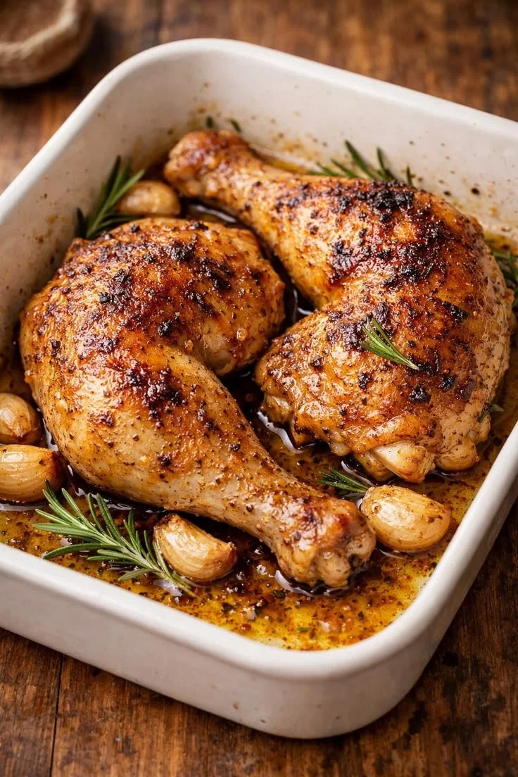 Oven roasted chicken legs with garlic and rosemary served on a plate