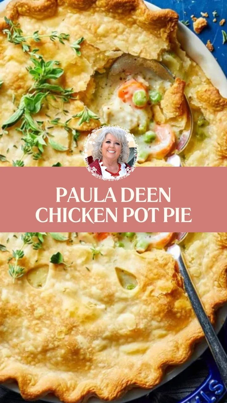 Paula Deen's Chicken Pot Pie with golden crust and hearty filling of chicken and vegetables.