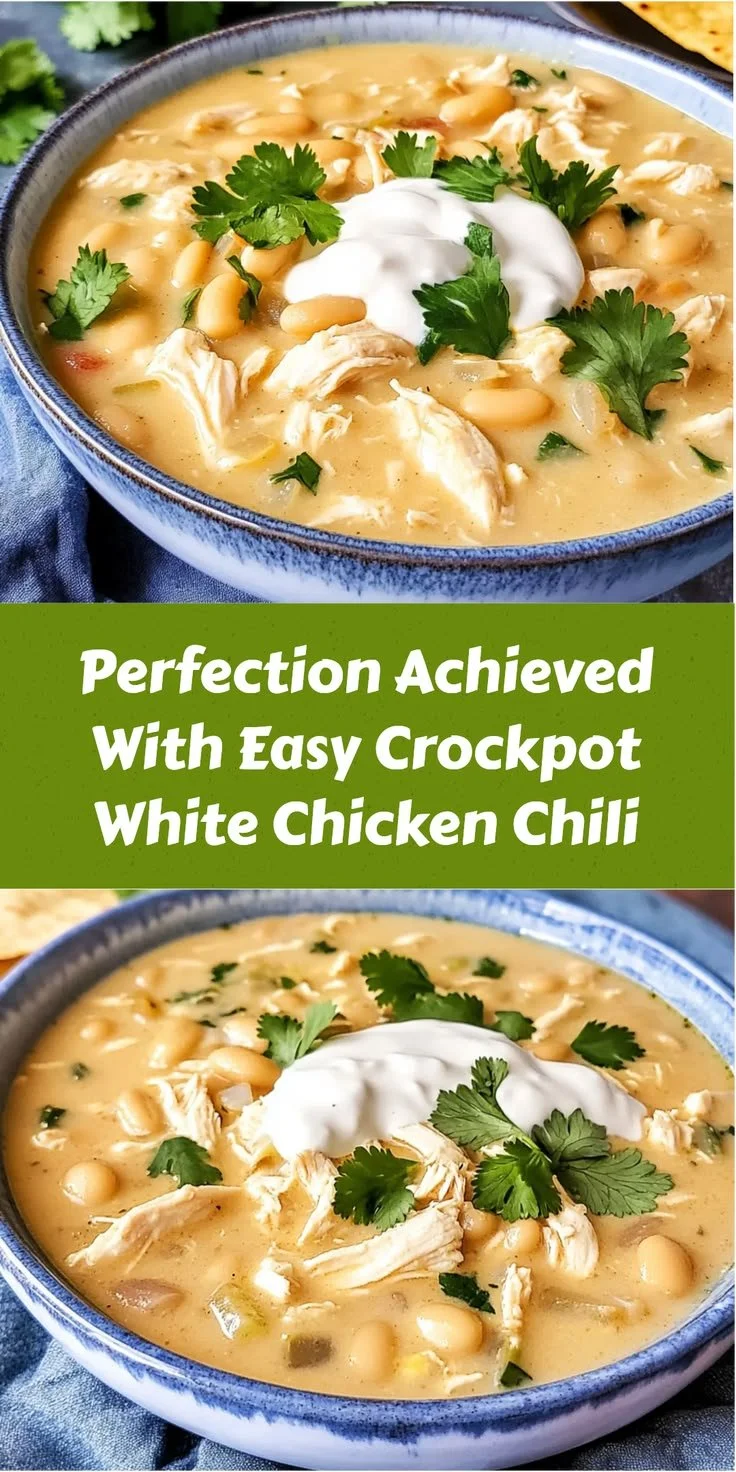 Bowl of easy crockpot white chicken chili topped with cilantro and lime.