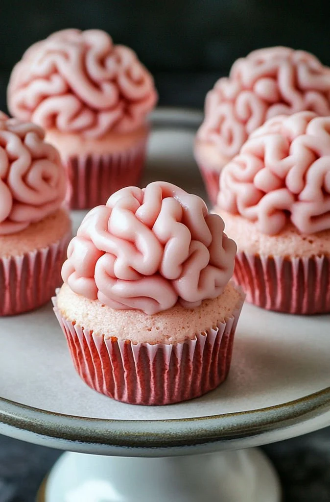 Pink Zombie Brain Halloween Cupcakes decorated for a spooky celebration