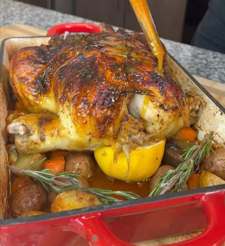 Deliciously roasted chicken served on a platter with fresh herbs