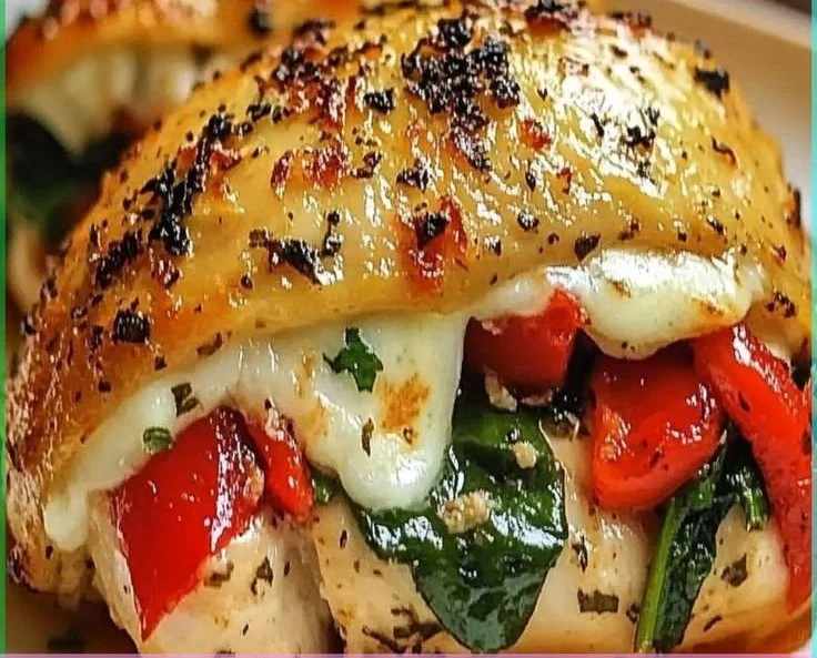 Savory stuffed chicken with roasted red peppers, spinach, and mozzarella dish