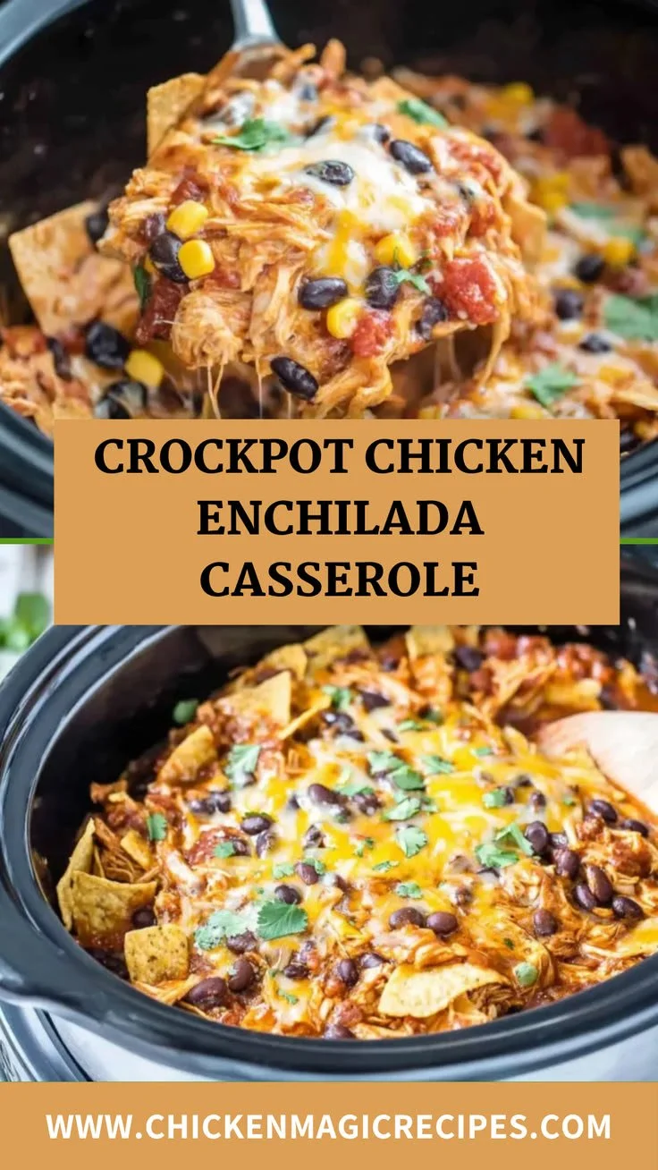 Crockpot chicken enchilada casserole with chicken, cheese, and spices