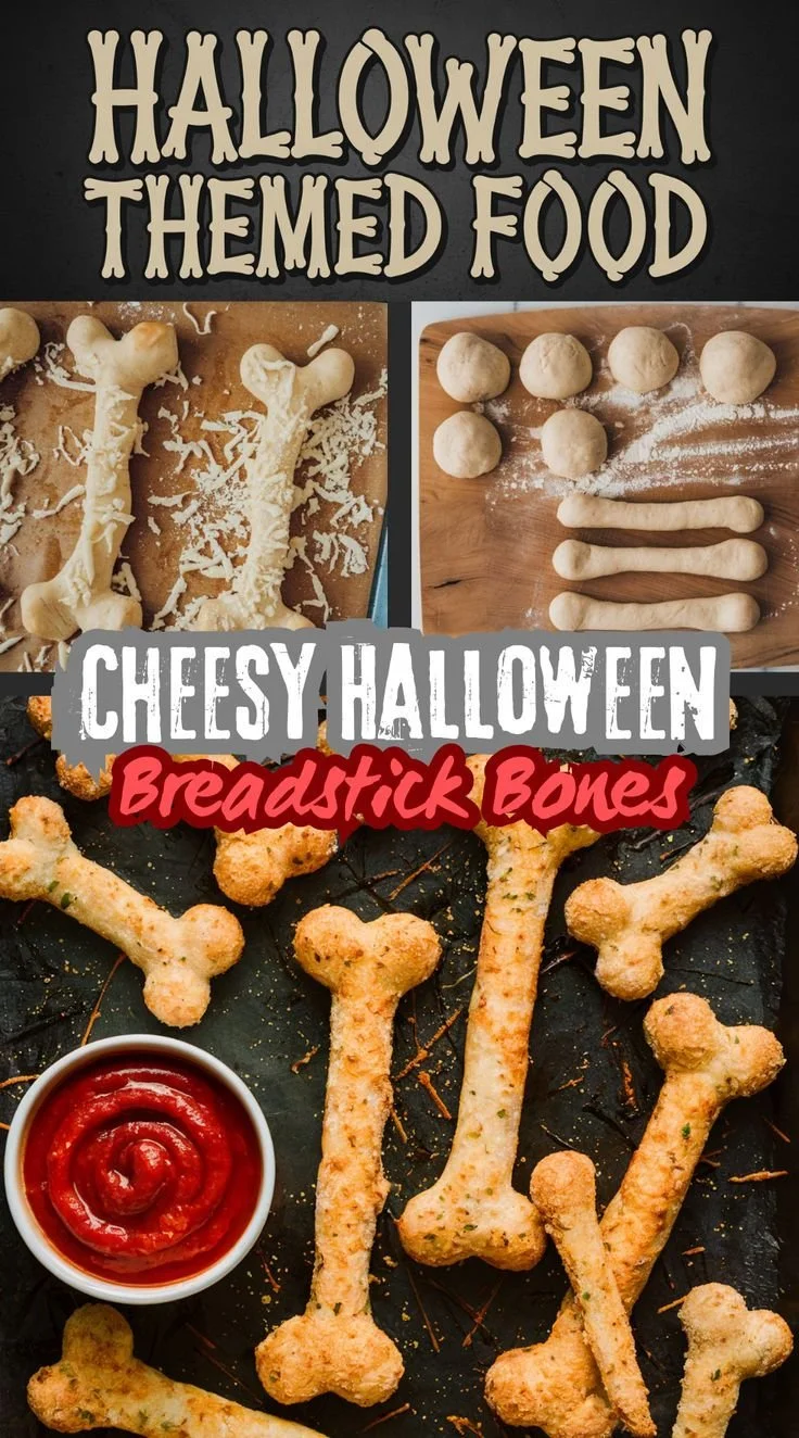 Sinister cheesy breadstick bones served as Halloween party food