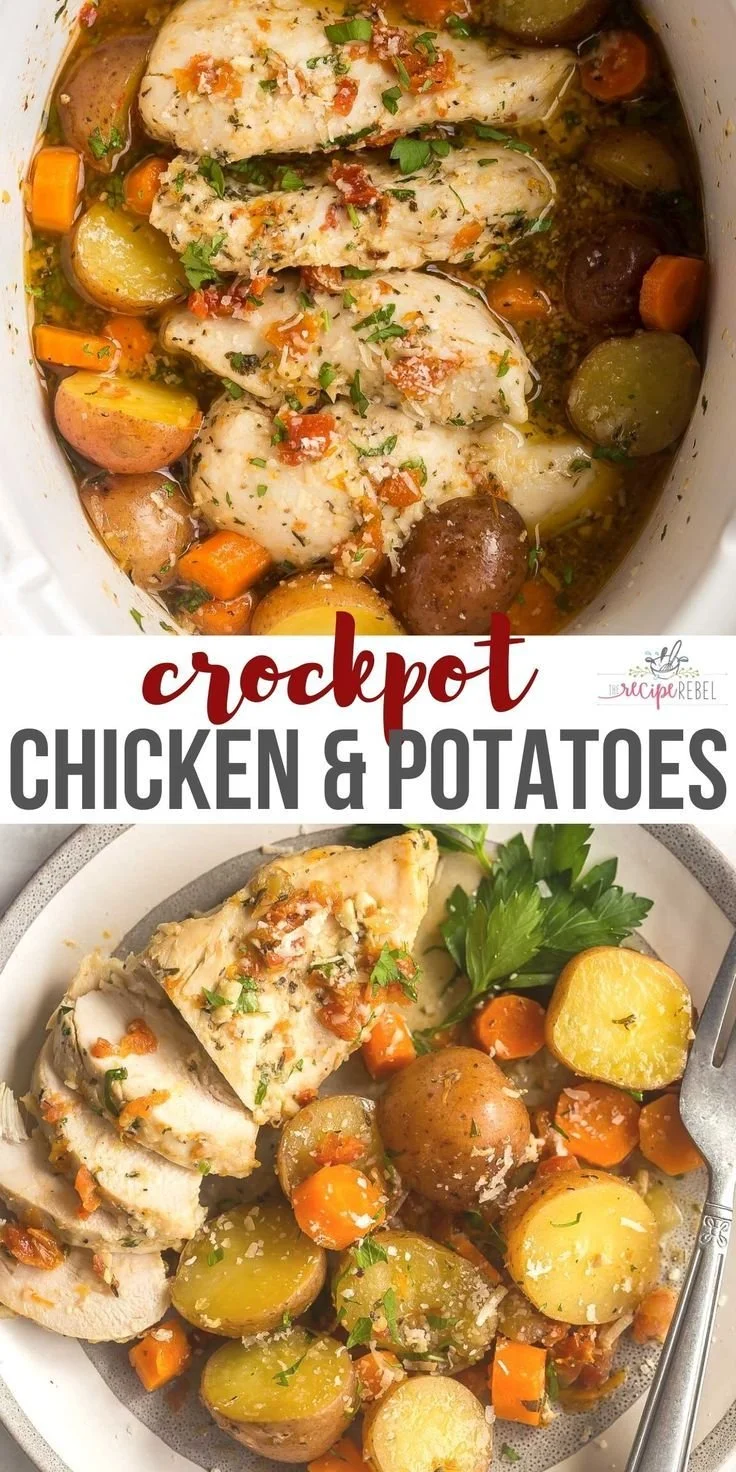 Slow cooker chicken and potatoes dish served in a bowl.