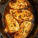 Slow cooker chicken breasts cooked to perfection in a flavorful sauce.