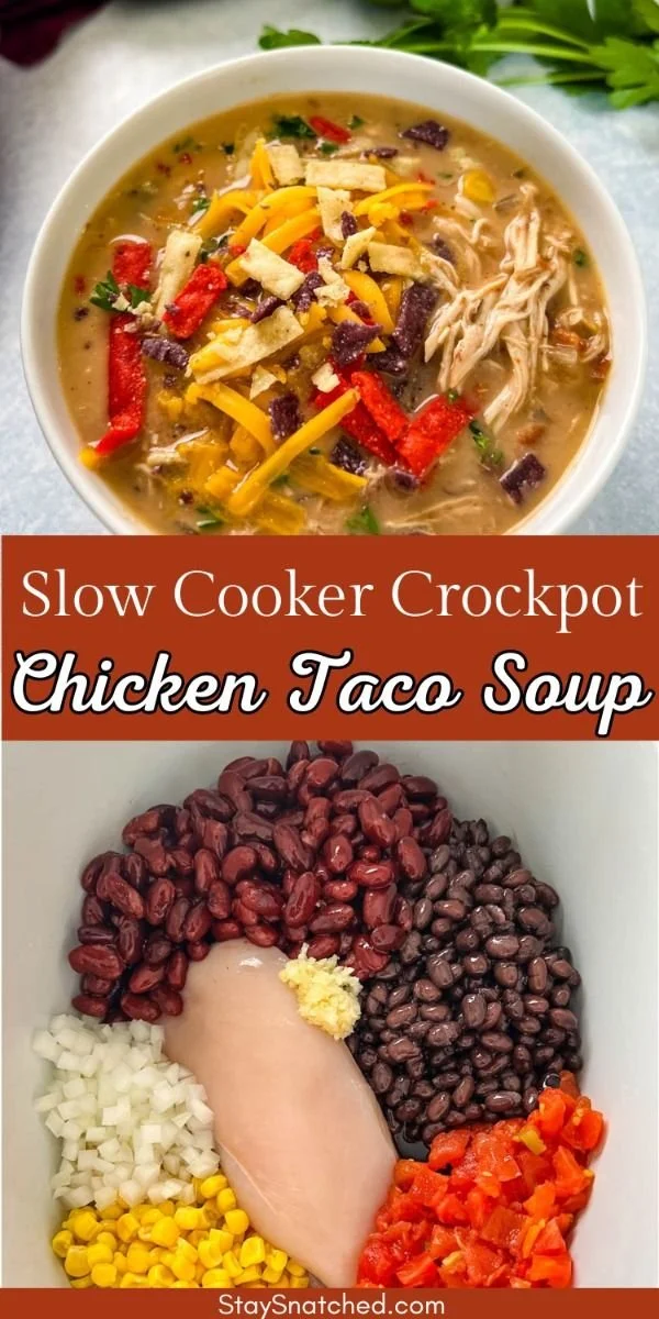 Bowl of hearty slow cooker chicken taco soup topped with fresh cilantro and avocado