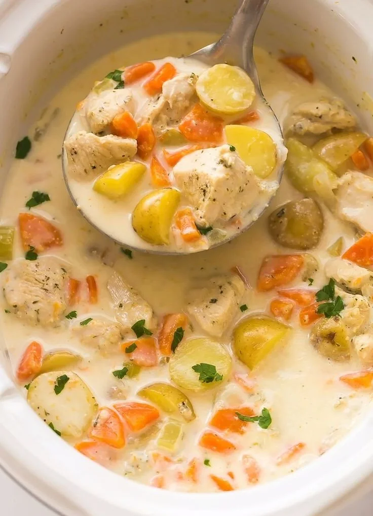 Slow cooker garlic parmesan chicken stew with fresh herbs and vegetables.