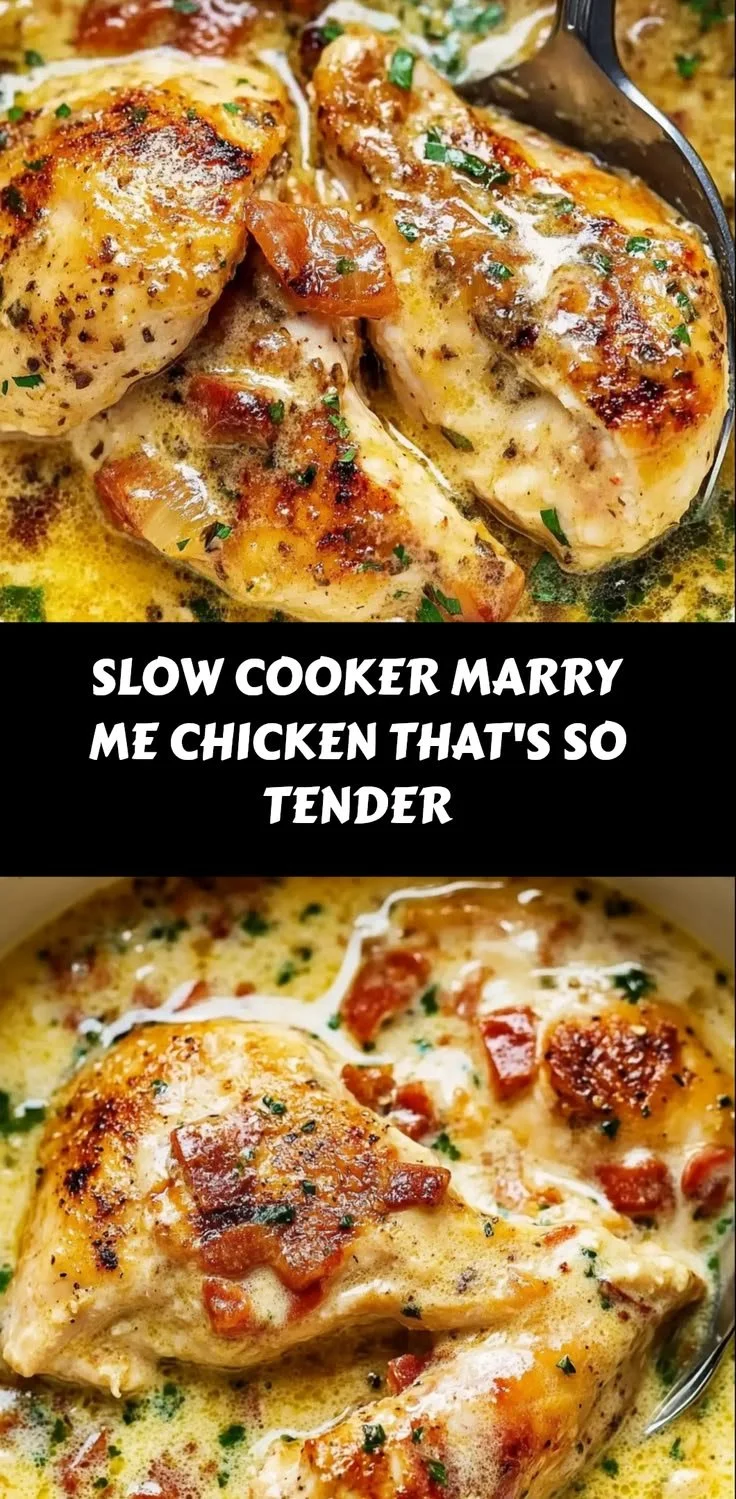 Tender Slow Cooker Marry Me Chicken served on a plate with herbs.
