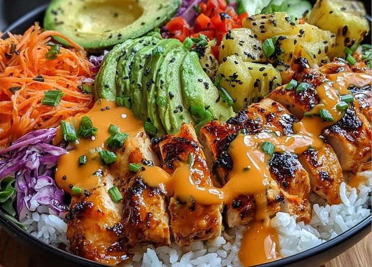 Spicy Maple Chicken served with coconut rice on a vibrant dinner plate