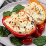 Plate of spinach and ricotta stuffed shells topped with marinara sauce and cheese.