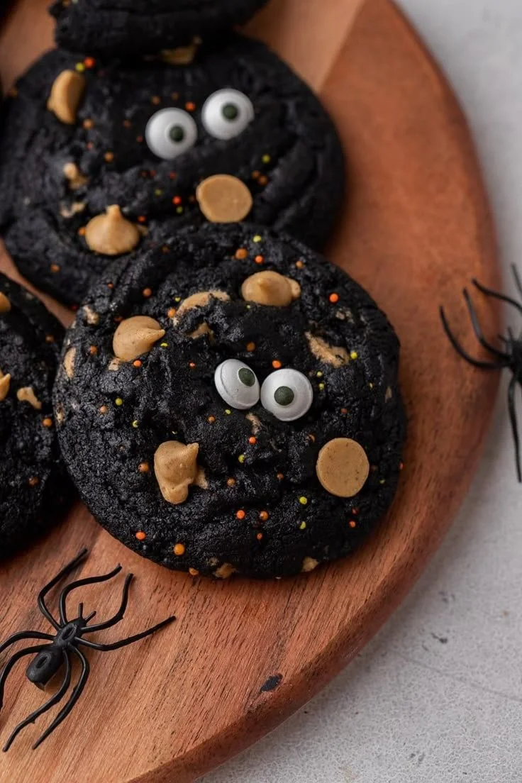 Spooky black Halloween monster cookies decorated for a Halloween party