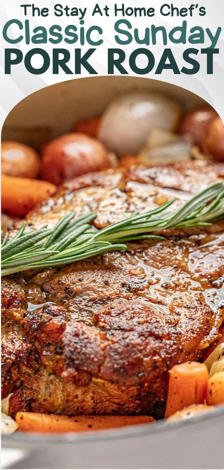 Deliciously cooked Sunday pork roast served with vegetables.