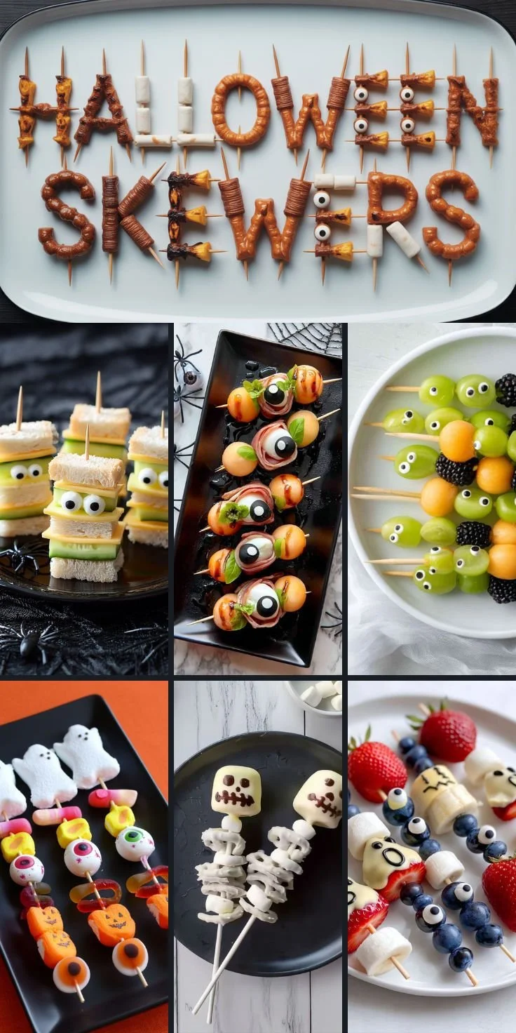 Colorful Halloween skewers featuring candy eyeballs and ghost decorations.