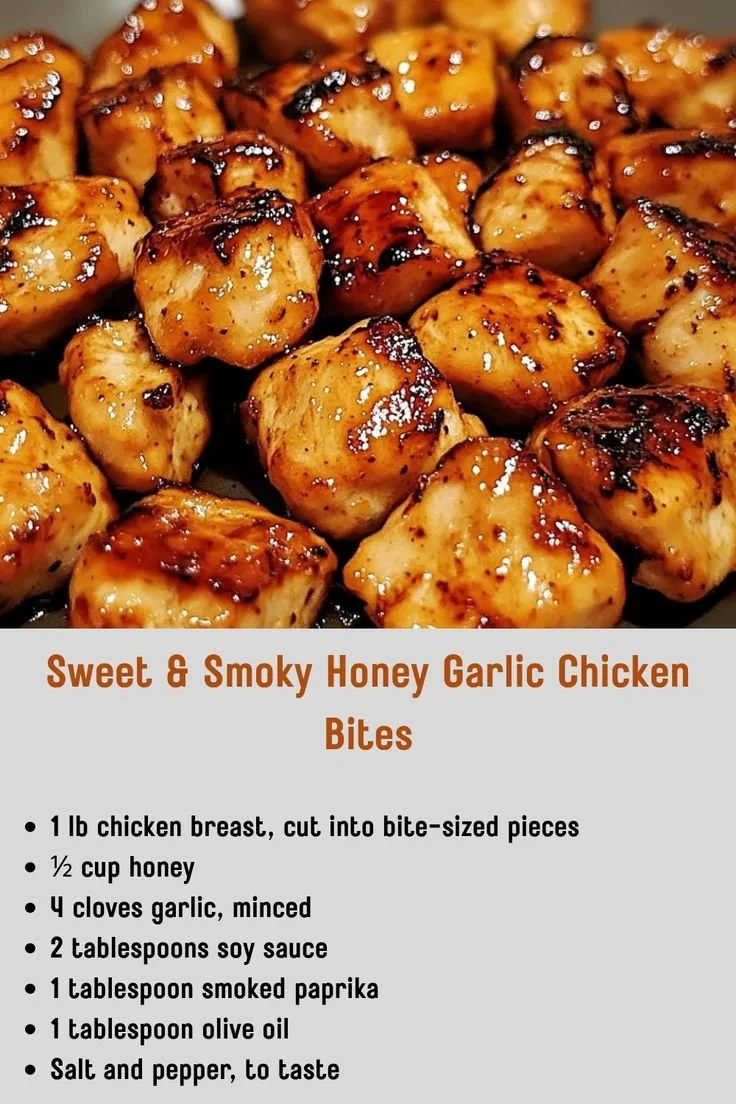 Sweet and smoky honey garlic chicken bites served on a plate