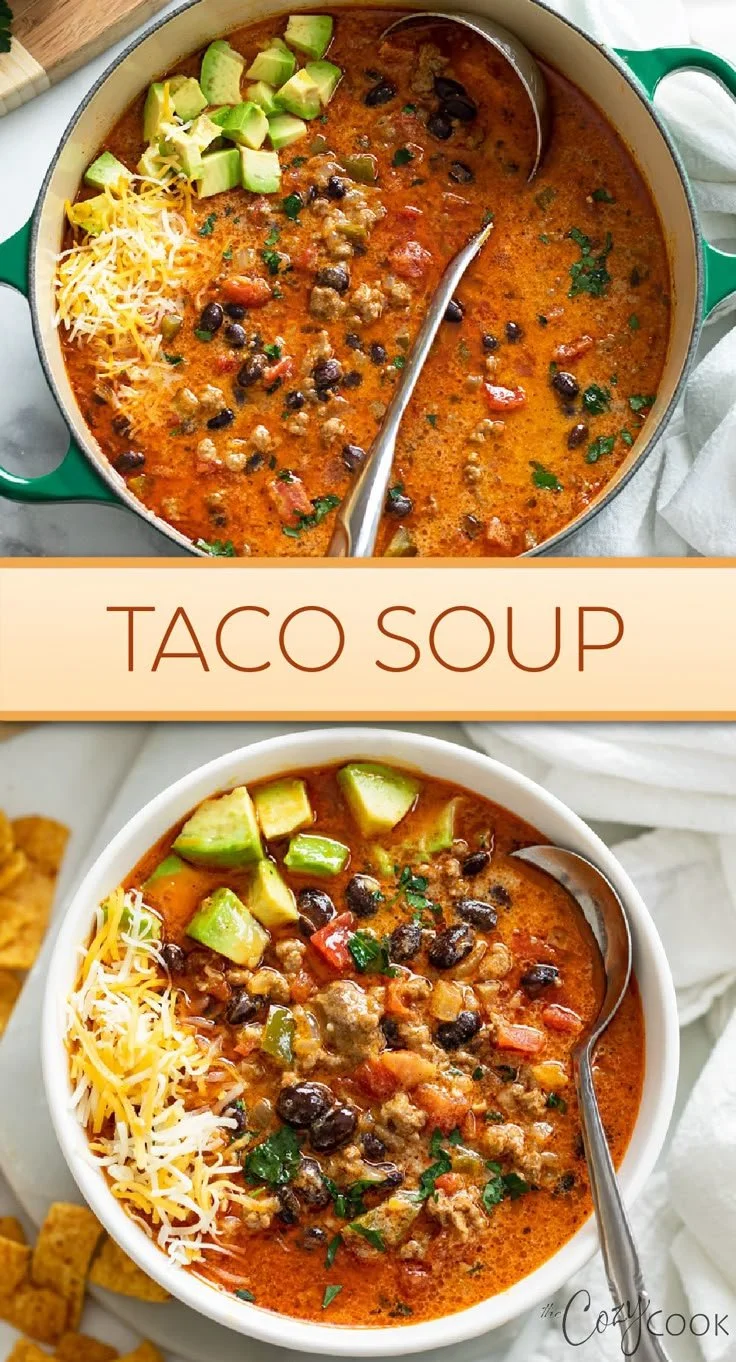 Bowl of delicious homemade Taco Soup topped with fresh cilantro and cheese