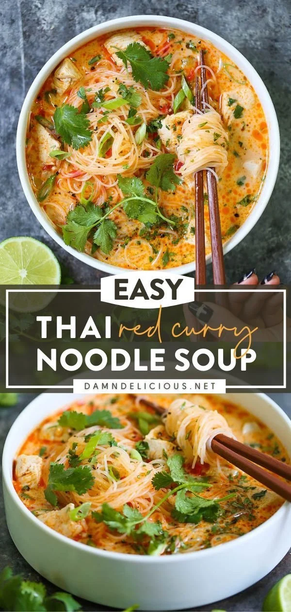 Bowl of Thai Red Curry Noodle Soup topped with fresh herbs and vegetables