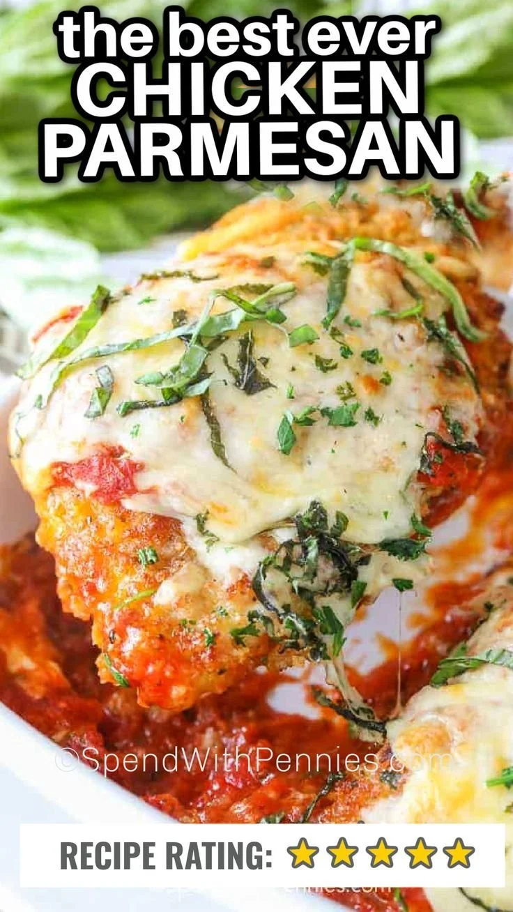 Deliciously baked chicken parmesan topped with melted cheese and marinara sauce
