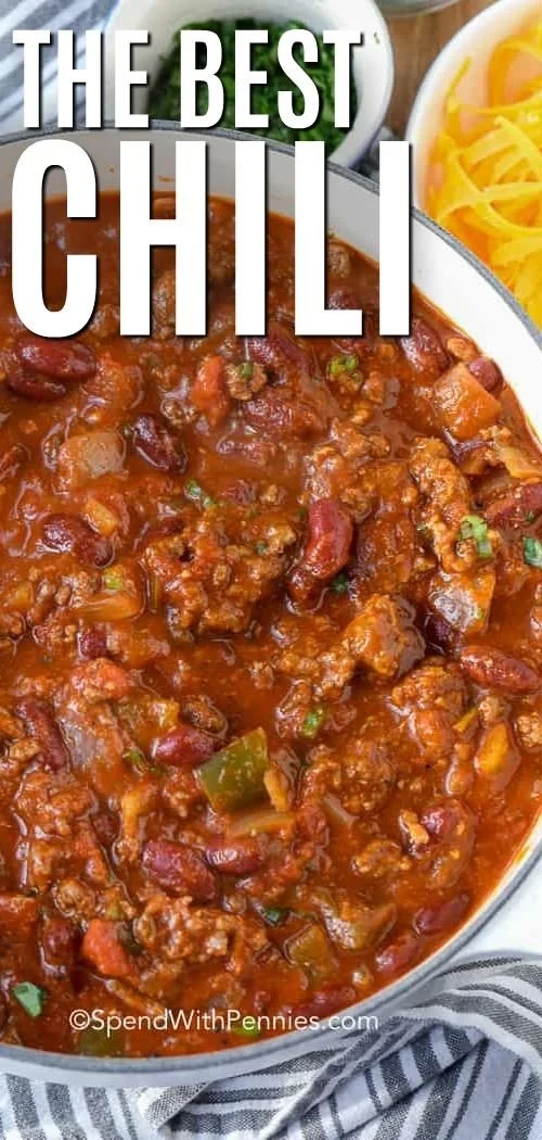 Delicious bowl of the best chili recipe topped with fresh herbs and spices