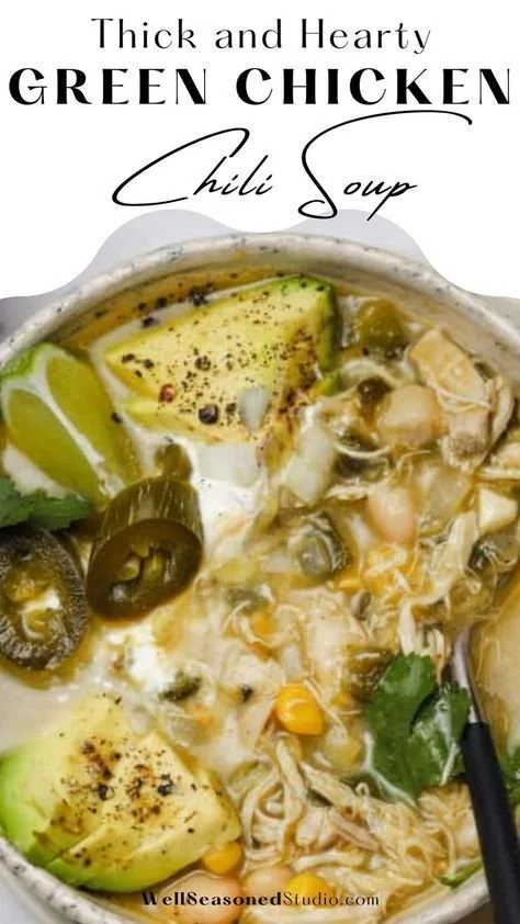 Cozy green chicken chili served in a bowl, ideal for winter meals.
