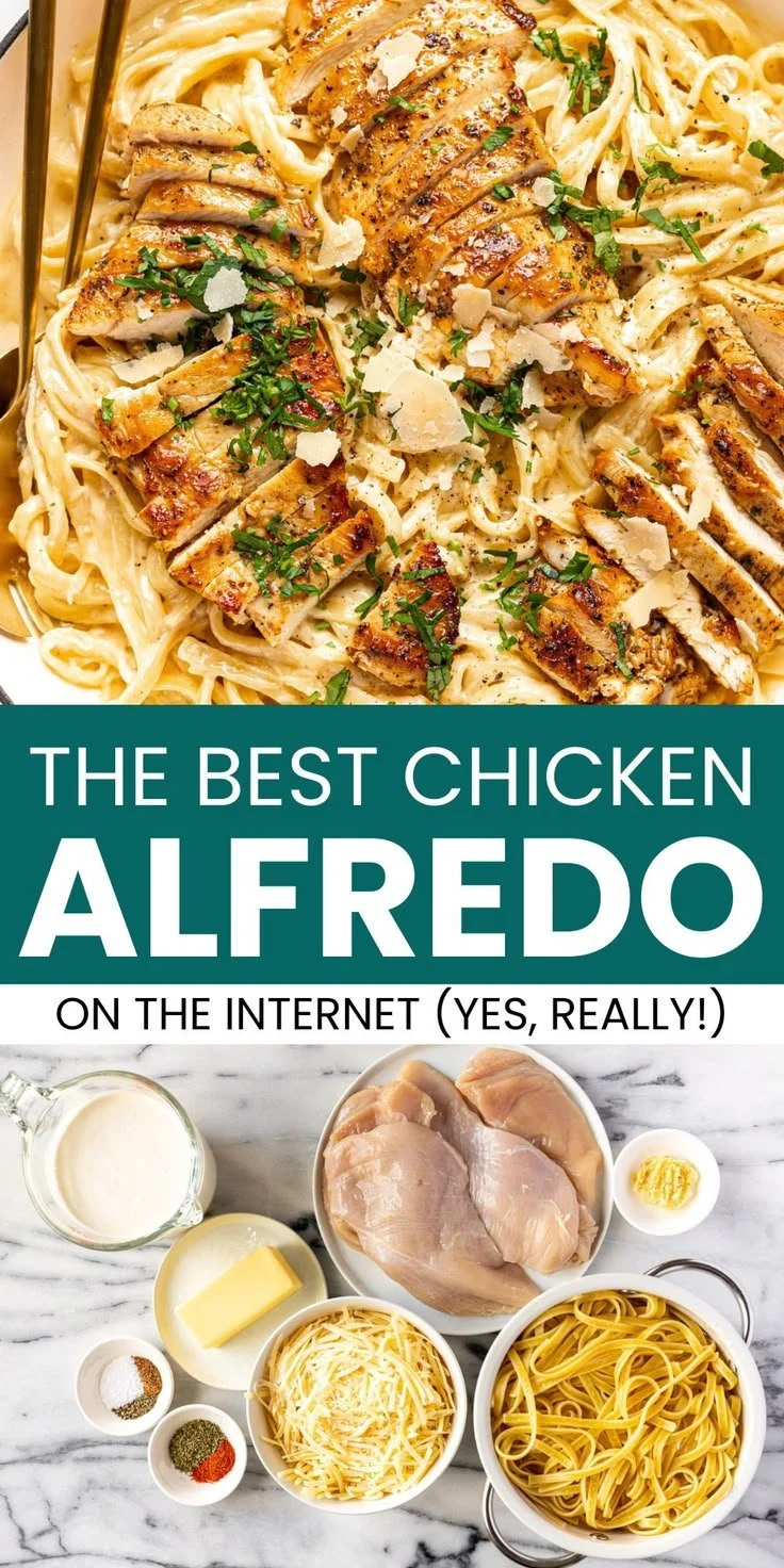 Plate of delicious chicken alfredo with creamy sauce and pasta