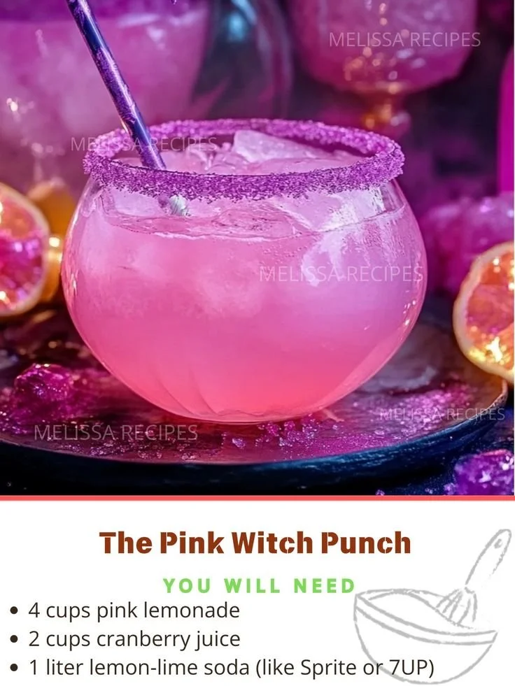 Refreshing glass of pink witch punch garnished with fruit and herbs
