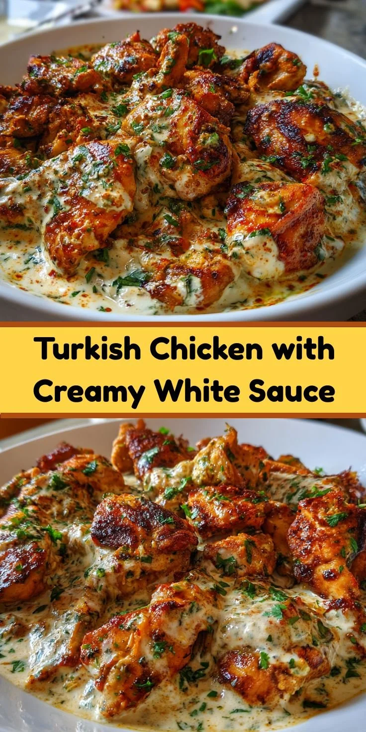 Plate of Turkish Chicken with Creamy White Sauce garnished with herbs