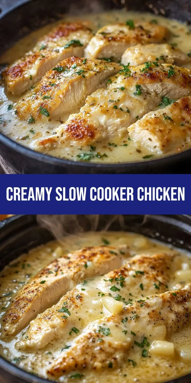 Creamy chicken dish cooked in a slow cooker with fresh ingredients