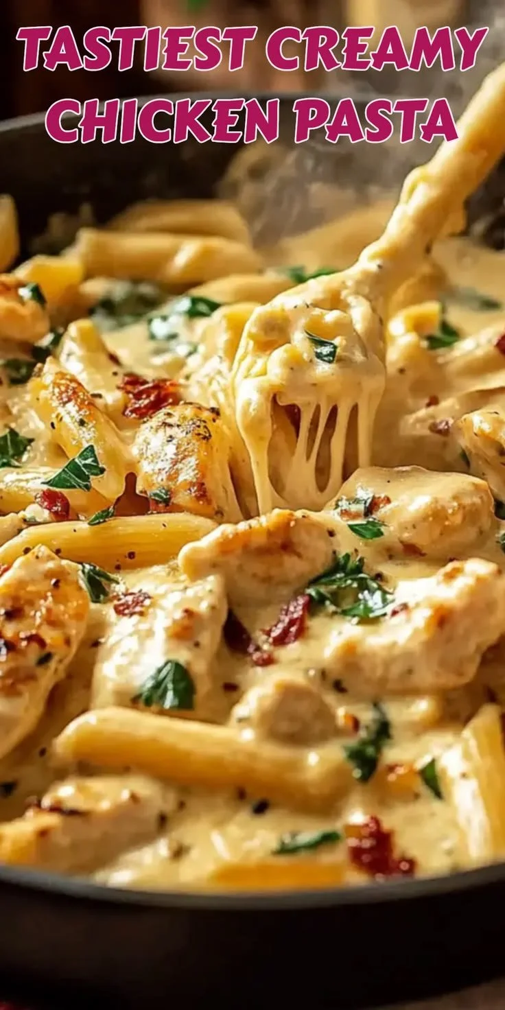 Creamy chicken pasta dish garnished with parsley and served in a bowl