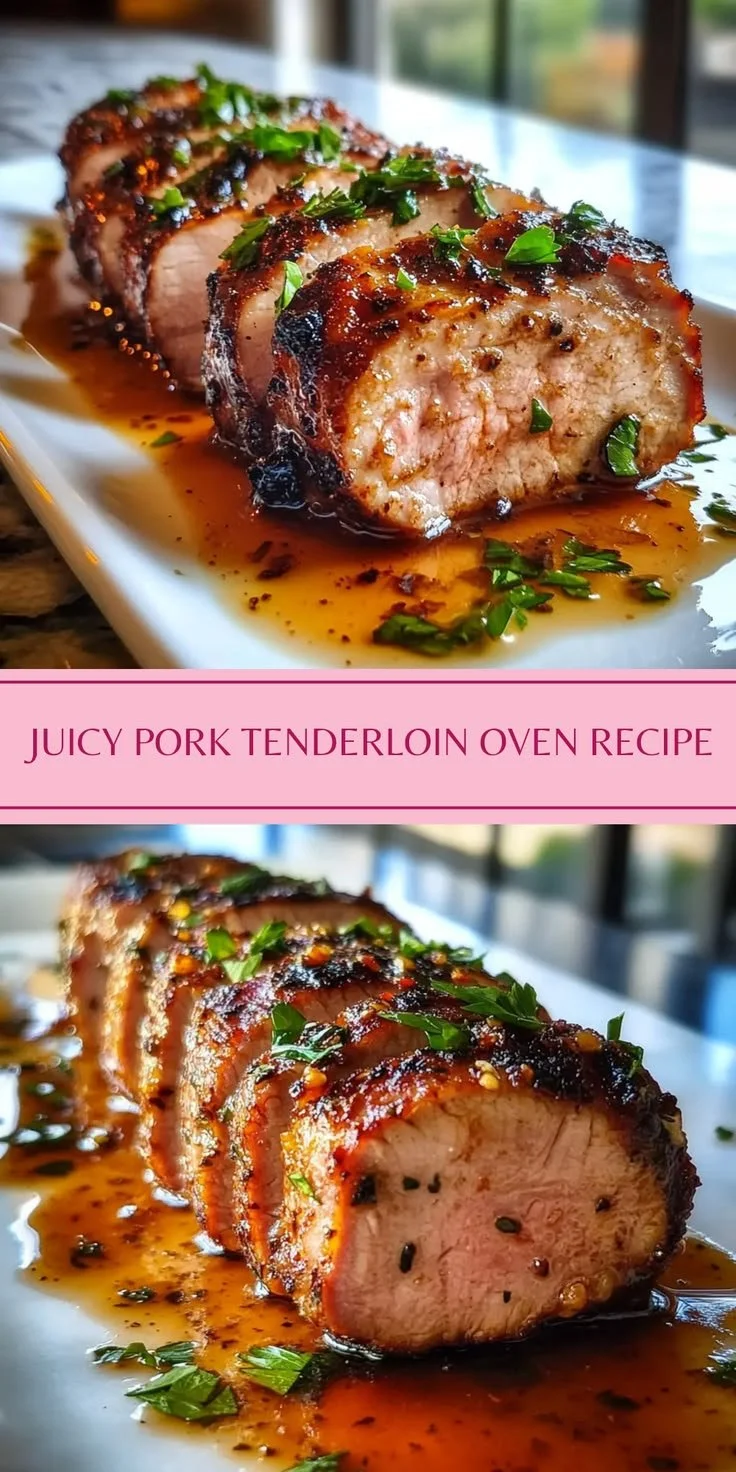Juicy pork tenderloin cooked in the oven, showcasing mouthwatering glaze and herbs.