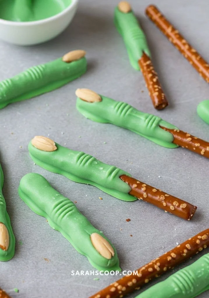Spooky Witch's Finger Pretzel Sticks Halloween snack recipe