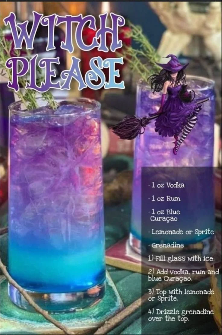 Witchy cocktail served in a spooky glass with Halloween decorations