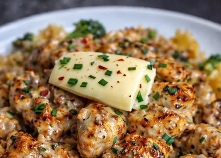 Zesty Cowboy Butter Lemon Bowtie Chicken with Broccoli on a plate