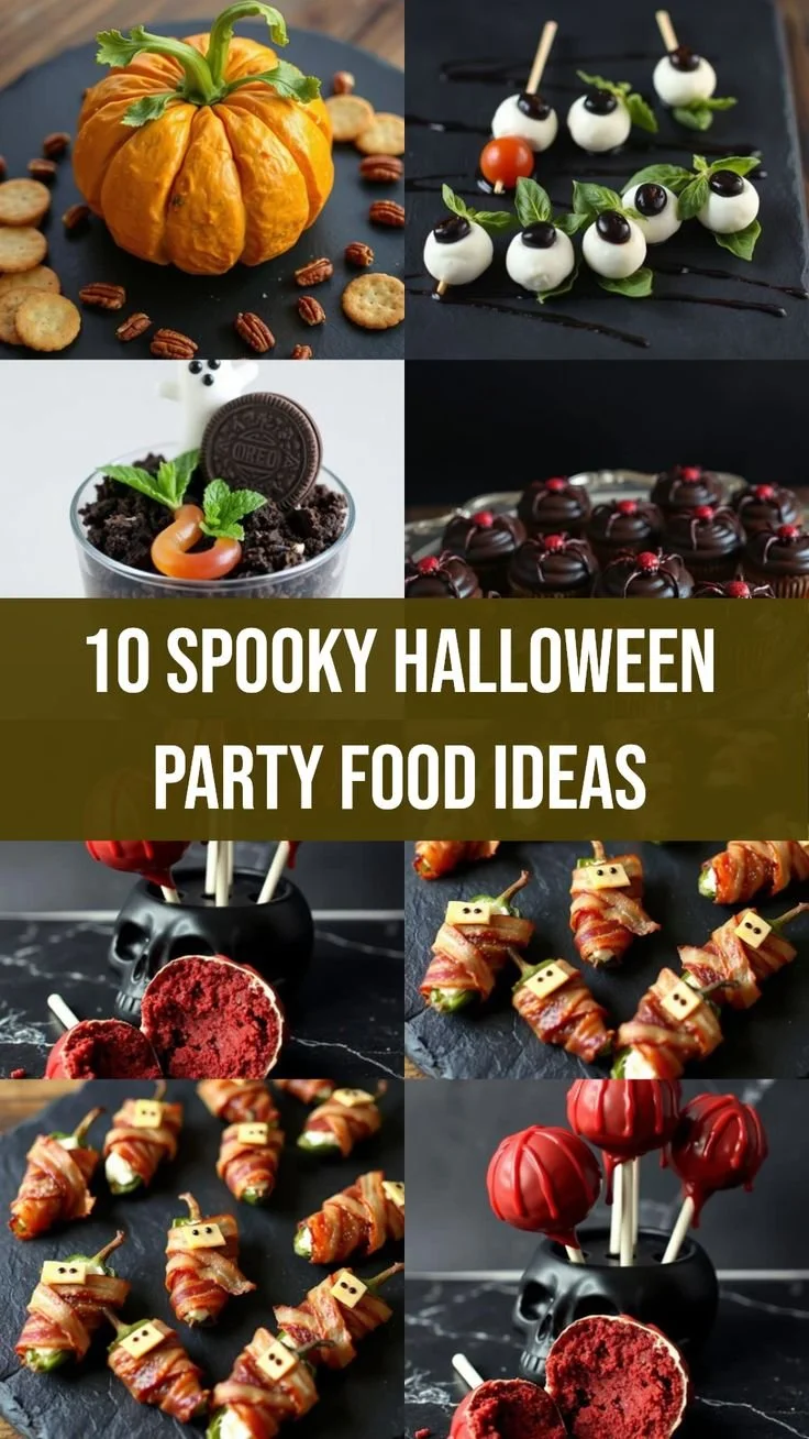 Spooky Halloween party food ideas including treats and decorations.