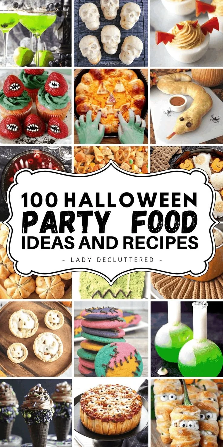 A plate of spooky Halloween party food ideas including themed snacks and desserts.