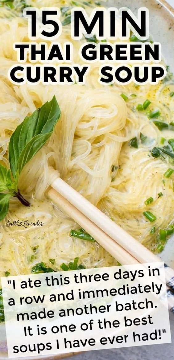 Bowl of quick 15-minute Thai green curry soup topped with herbs
