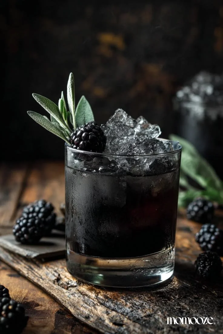 Spooky Halloween cocktails in dark glassware with eerie decorations
