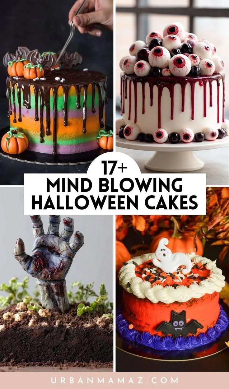 Selection of spooky Halloween cakes decorated for festive celebrations