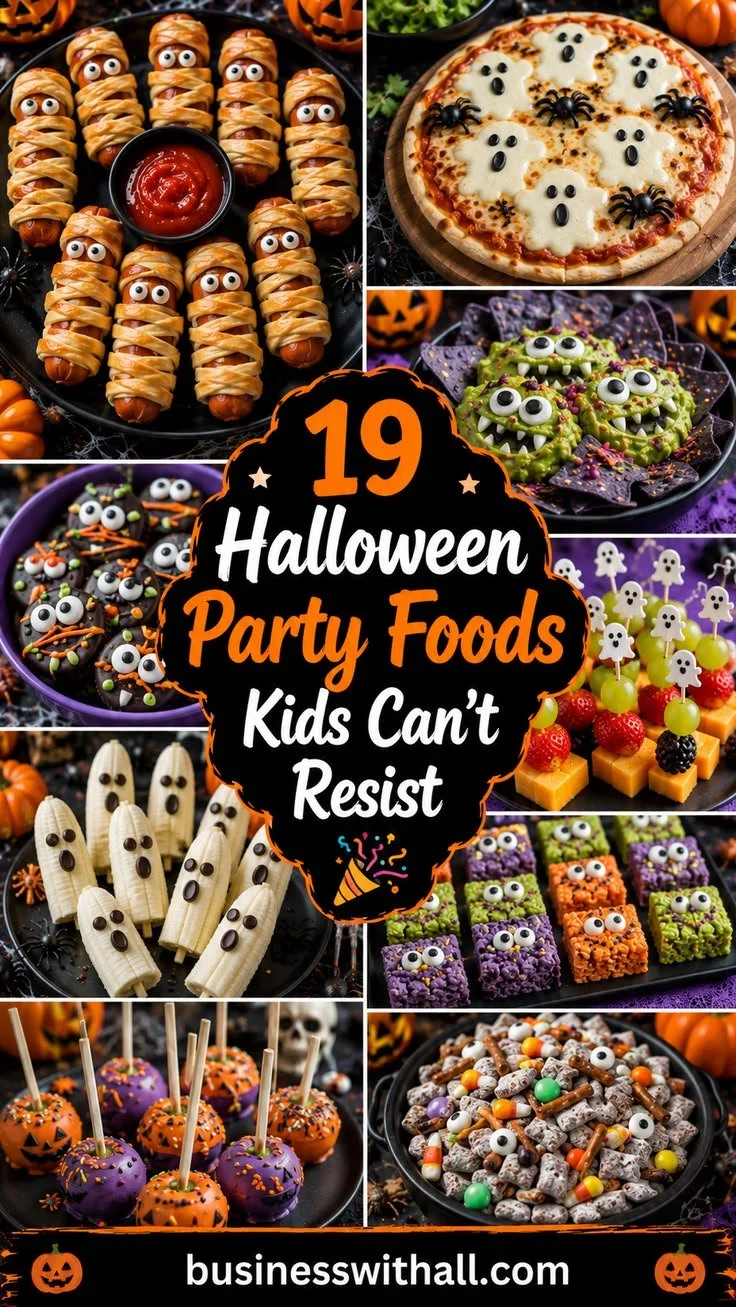 Colorful Halloween party foods for kids, including spooky snacks and treats.
